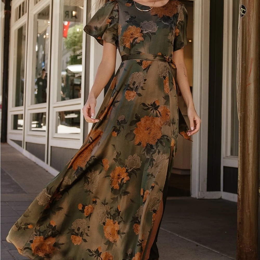 Baltic Born Floral Agnes Maxi Dress in Olive and Orange NWT